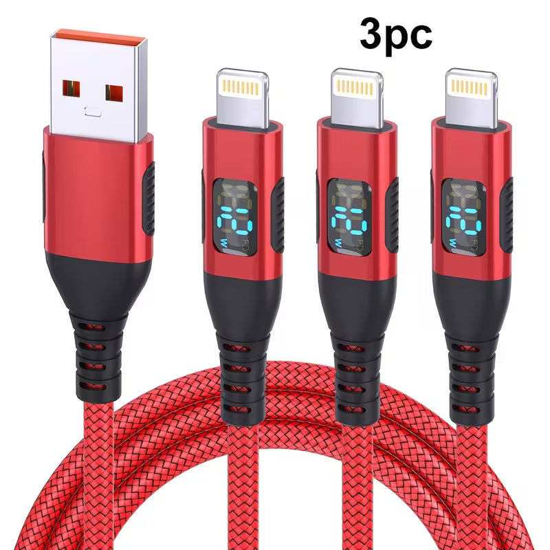Set of 3, 12W, 10-Foot Red USB to Lightning Cables Designed for Fast Charging